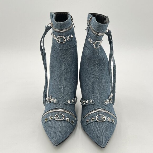XYD Skyblue Denim Ultra Pointed Toe Kitten Heel Zipped Rivets Studded Ankle Boot - Picture 3 of 8